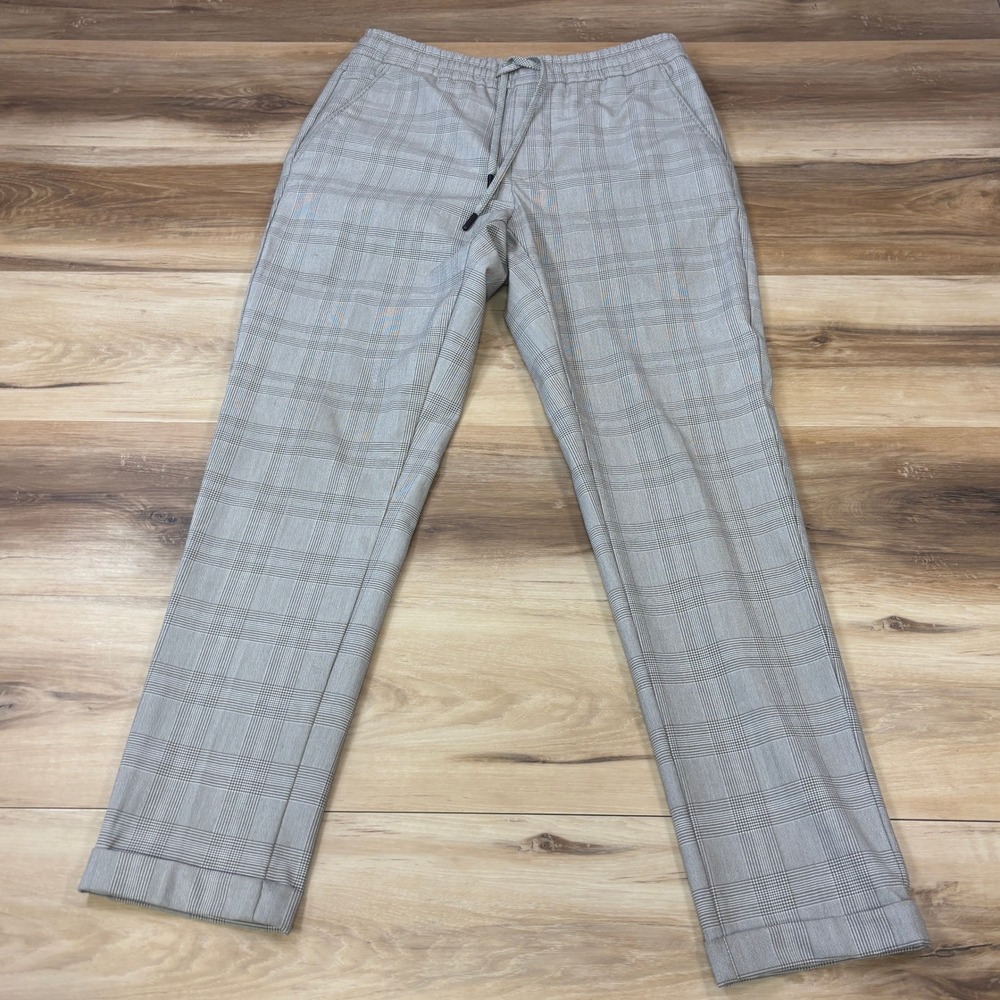 ZARA Glen Plaid Trousers Mens M Pants Casual Grey Check Drawstring Tapered
